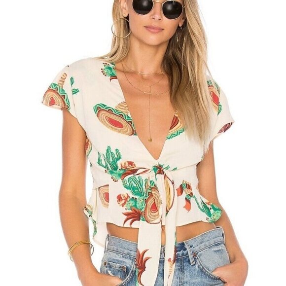 New Flynn Skye Cactus London Top Womens XS Short Sleeve Rayon Revolve Front Tie - Picture 1 of 8